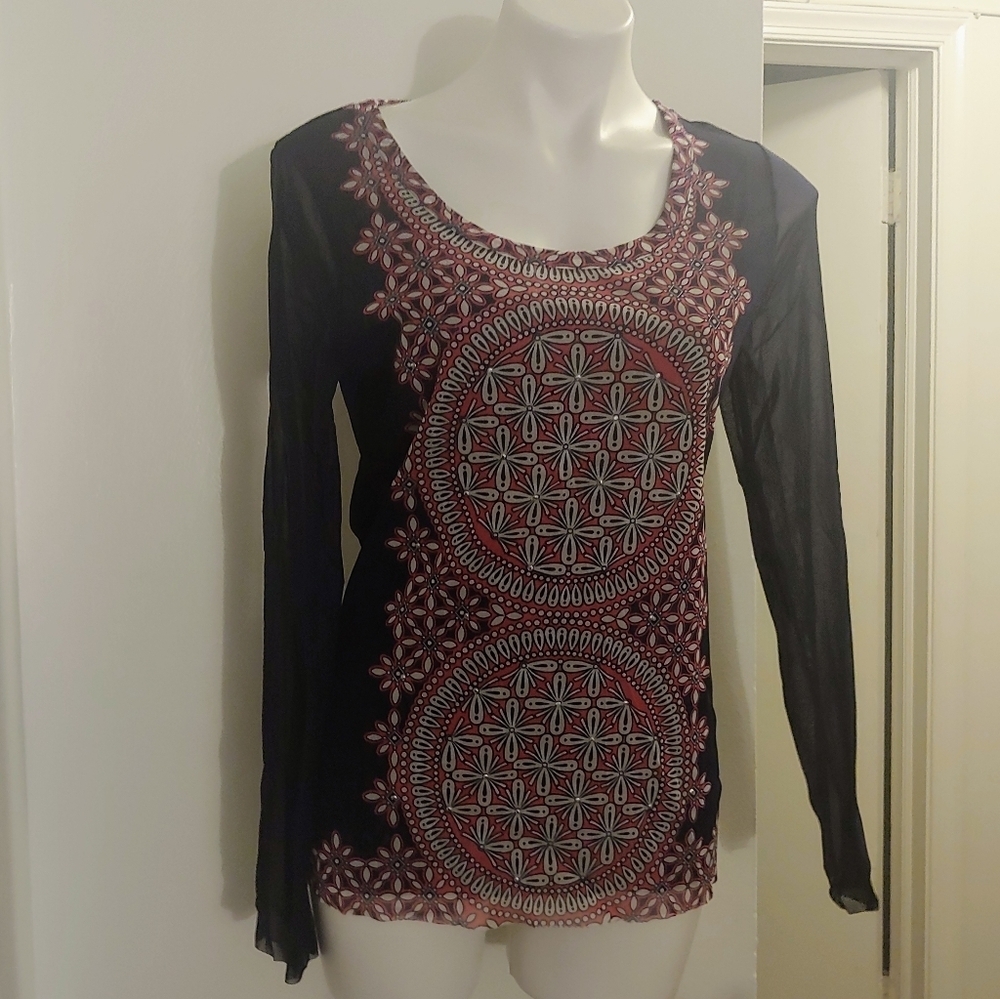 INC navy and red semi sheer long sleeve shirt